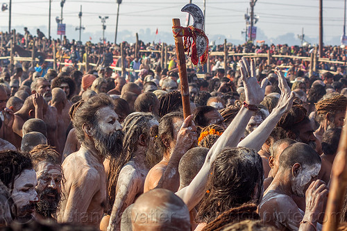 procession of naga babas with body covered with ash - kumbh mela (india), crowd, hindu pilgrimage, hinduism, holy ash, kumbh maha snan, kumbh mela, mauni amavasya, men, naga babas, naga sadhus, sacred ash, vibhuti