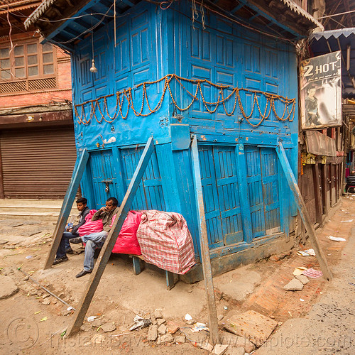 propped-up house - kathmandu (nepal), blue door, blue house, doors, kathmandu, wooden