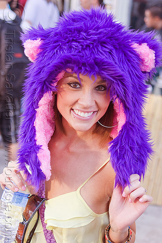 purple and pink fuzzy hat, fuzzy hat, pink, purple, rave fashion, raver, woman