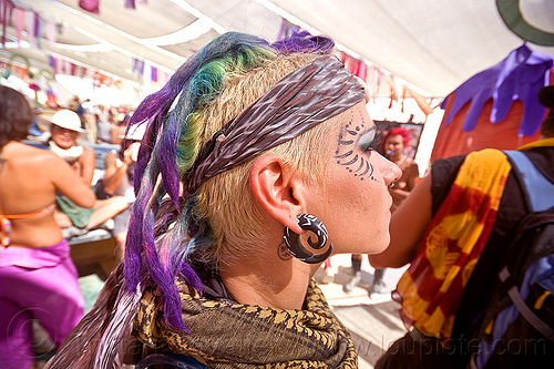 purple dreadlock mohawk, ear piercing, earring, mohawk hair, purple dreadlocks, woman