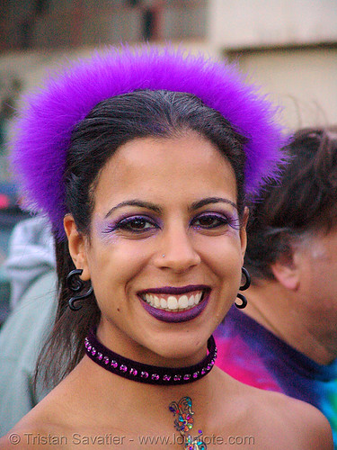 purple girl - rachel - burning man decompression, fuzzy, headband, headdress, purple, woman