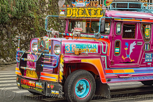 purple jeepney (philippines), baguio, colorful, decorated, front grill, jeepneys, painted, road, truck
