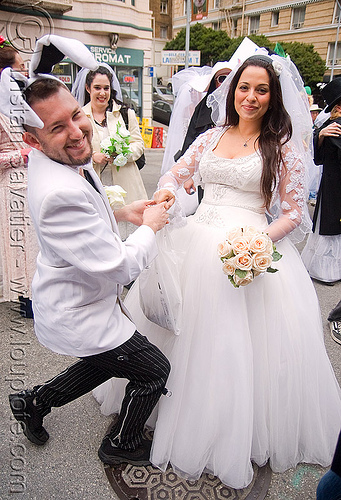 rabbit proposing to bride - diana furka - brides of march (san francisco), bridal bouquet, bride, brides of march, flowers, man, wedding dress, white roses, woman