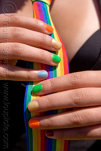rainbow color fingernails, finger nails, fingers, gay pride festival, hands, rainbow colors, rainbow nail polish, rainbow nails, rainbow necktie, woman