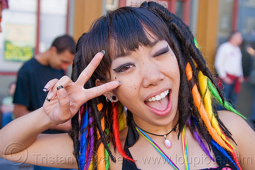 rainbow colors dreadfalls, gay pride festival, jessikr, peace sign, rainbow dreadfalls, v sign, victory sign, woman