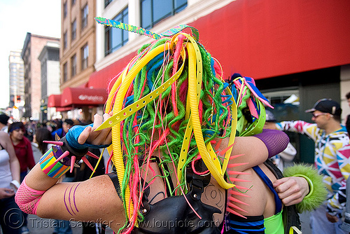 rave hair - how weird street fair (san francisco), clothing, dreadfalls, fashion, kandi kid, kandi raver, neon color, raver outfits, woman
