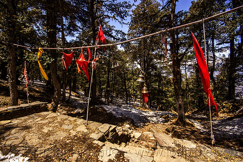 red flags and bells at hindu shrine in mountain forest (india), bells, forest, hinduism, mountains, red flags, shrine