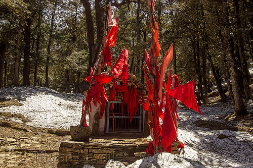 red flags and snow around hindu shrine in forest (india), forest, hinduism, mountains, red flags, shrine, snow