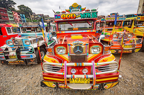 red jeepney at jeepney parking (philippines), baguio, colorful, decorated, front grill, jeepneys, painted, truck