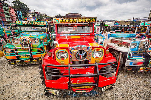 red jeepney (philippines), baguio, colorful, decorated, front grill, jeepneys, painted, truck
