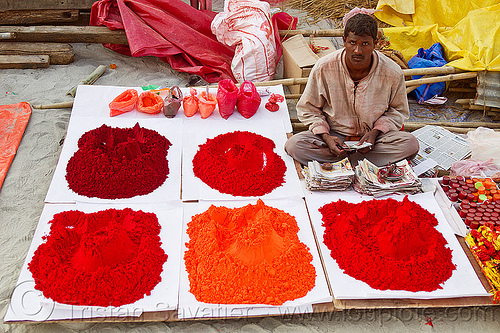 red pigment powder at street market (india), heaps, hindu pilgrimage, hinduism, kumbh mela, man, red pigment, street seller, street vendor