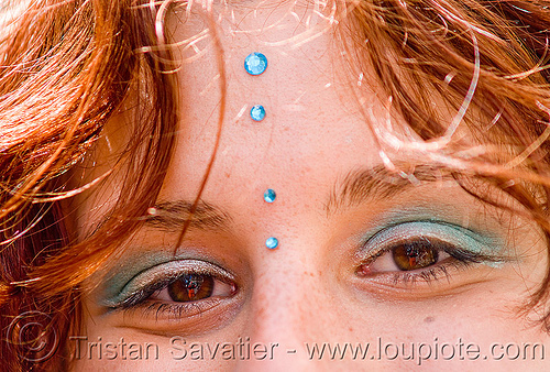 redhead - blue bindis - yulia (san francisco), bindis, eye shadow, eyes, makeup, red hair, redhead, woman, yulia