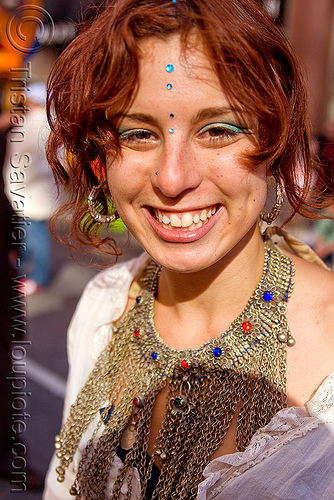 redhead - blue bindis - yulia (san francisco), bindis, chainmail necklace, red hair, redhead, woman, yulia