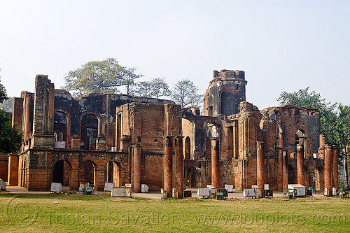 residency ruins - lucknow (india), architecture, barracks, bricks, british residency, buildings, columns, lawn, lucknow, park, ruins