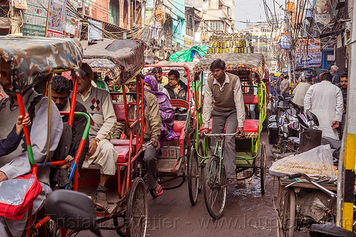 rickshaw traffic on street of old delhi (india), cycle rickshaws, delhi, traffic
