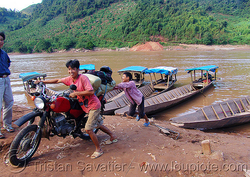 river ferry crossing - vietnam, 125cc, ferry boat, men, minsk motorcycle, motorcycle touring, river crossing, river ferries, road, small boats, минск 125, мотоциклы