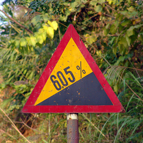 road sign - grade 6.05%! - vietnam, bad sign, danger, grade, red, road sign, slope, steep, triangle, triangular, warning, yellow