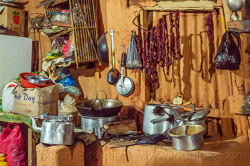 roadside restaurant kitchen (nepal), dried meat, hanging, kitchen, pans, restaurant