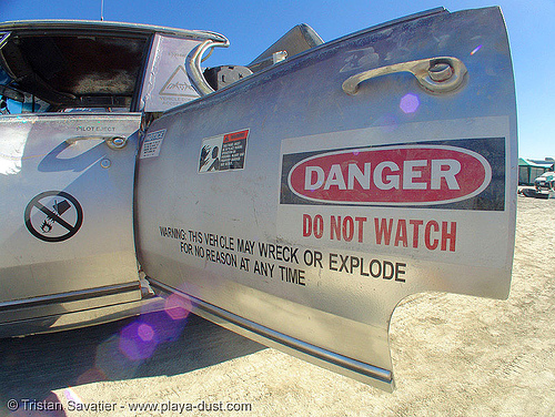 rocket car - burning man 2005, art car, burning man art cars, danger, hazard, mutant vehicles, rocket car, safety sign, warning