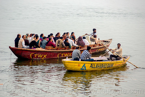 row boats sailing on ganges river (india), advertising, ganga, ganges river, painted, river boats, rowing boats, sailing, small boats, varanasi