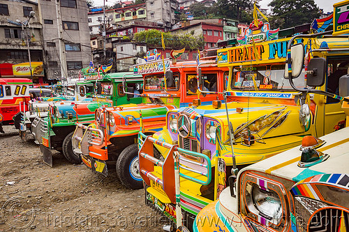 row of jeepneys in parking lot (philippines), baguio, colorful, decorated, jeepneys, painted, truck