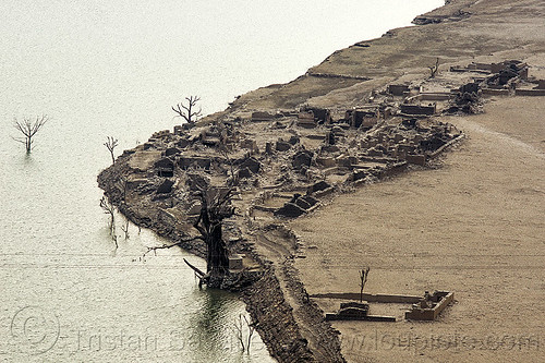 ruins of submerged village - tehri dam reservoir (india), artificial lake, bhilangna valley, dead trees, reservoir, ruins, tehri lake, village