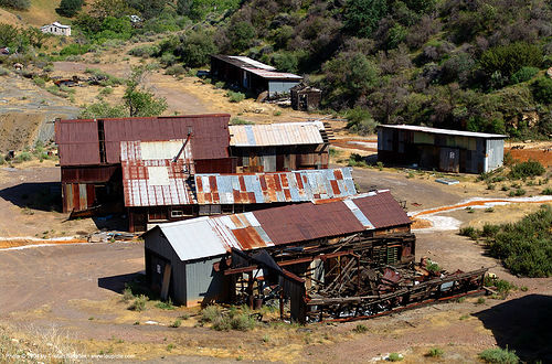 rusty buildings near abandoned mercury smelter - new idria, buildings, cinnabar smelter, ghost town, mercury pollution, rusty, trespassing