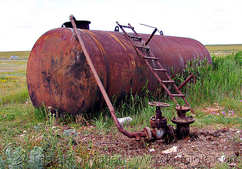 rusty tank - oil well (bulgaria), crude oil, ladder, oil field, oil well, pipe, rusty, tyulenovo, valves