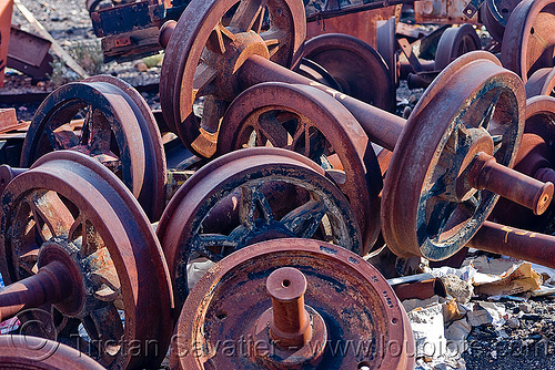 rusty train axles - wheels, axles, bolivia, enfe, fca, railroad, railway, rusty, scrapyard, train cemetery, train graveyard, train junkyard, uyuni