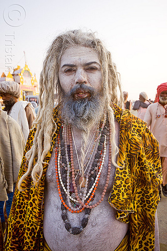 sadhu covered with vibhuti holy ash (india), baba, beads, beard, hindu holy man, hindu man, hindu pilgrimage, hinduism, holy ash, kumbh mela, necklaces, pilgrim, sacred ash, sadhu, vibhuti, white ash, white dreadlocks