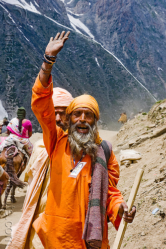 sadhu (hindu holy man) greeting me - amarnath yatra (pilgrimage) - kashmir, amarnath yatra, bhagwa, hindu man, hindu pilgrimage, hinduism, kashmir, mountain trail, mountains, pilgrim, saffron color