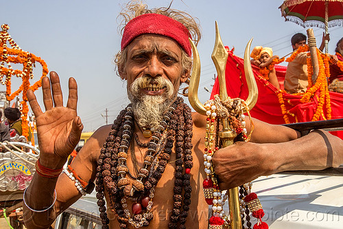sadhu with rudraksha beads and trident - kumbh mela (india), baba, beard, hindu man, hindu pilgrimage, hinduism, kumbh maha snan, kumbh mela, mauni amavasya, necklaces, rudraksha beads, sadhu, trident