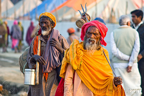 sadhu with trident - kumbh mela 2013 (india), baba, bhagwa, damaru drum, hindu holy man, hindu pilgrimage, hindu ritual drum, hinduism, kumbh mela, men, pilgrim, sadhu, saffron color, small drum, trident, white beard