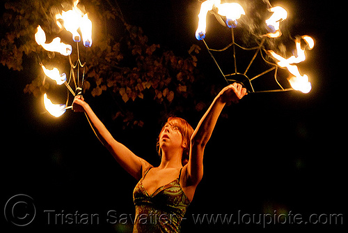 samantha with fire fans (san francisco), fire dancer, fire dancing, fire fans, fire performer, fire spinning, night, red hair, redhead, sam, samantha, spinning fire, woman