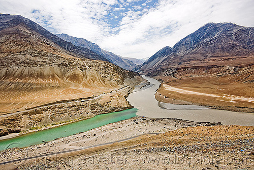 sangam (confluence) of zanskar and indus rivers, confluence, indus river, ladakh, landscape, mountain river, mountains, river bed, v-shaped valley, zanskar river