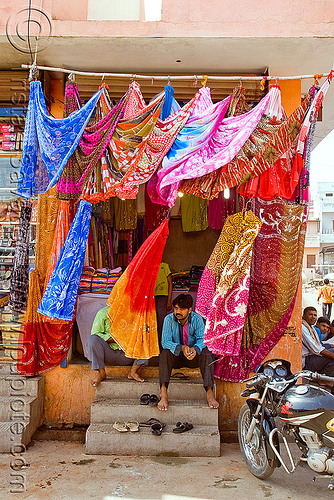 saree shop (india), cloth, colorful, man, sanawad, sarees, saris, shop, sitting, store