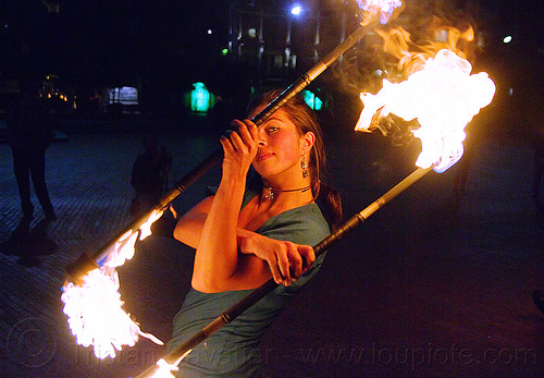 savanna spinning double fire staff, double staff, fire dancer, fire dancing, fire performer, fire spinning, fire staffs, fire staves, night, savanna, spinning fire, woman