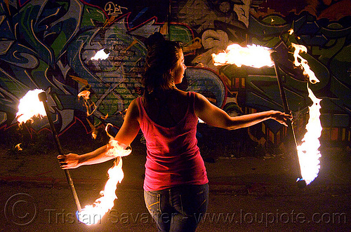 savanna spinning fire staffs, double staff, fire dancer, fire dancing, fire performer, fire spinning, fire staffs, fire staves, graffiti, night, savanna, spinning fire, woman