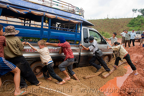 sawngthaew truck stuck in mud (laos), lorry, men, mud, road, ruts, songthaew, truck