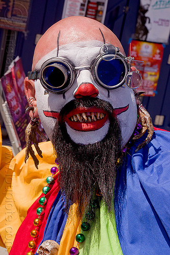 scary clown - how weird street faire (san francisco), beard, clown, costume, facepaint, fake teeth, man, steampunk glasses, white makeup