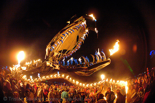serpent mother - giant snake skeleton fire sculpture - head - burning man 2006, art installation, burning man at night, fire, sculpture, serpent mother, skeleton, snake