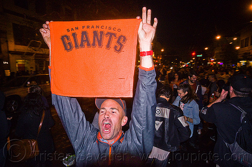 sf giants fans celebrating, 2012 world series, baseball fans, celebrating, crowd, editorial, go giants, man, night, partying, sf giants, sports fans, street party