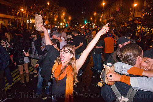 sf giants fans celebrating, 2012 world series, alcohol, baseball fans, beer, celebrating, crowd, editorial, go giants, night, paper bags, partying, sf giants, sports fans, street party, woman
