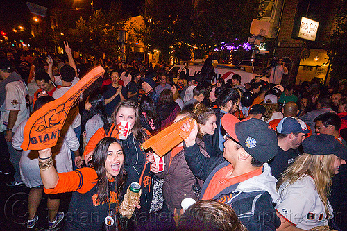 sf giants fans celebrating, 2012 world series, baseball fans, celebrating, crowd, editorial, go giants, night, partying, sf giants, sports fans, street party