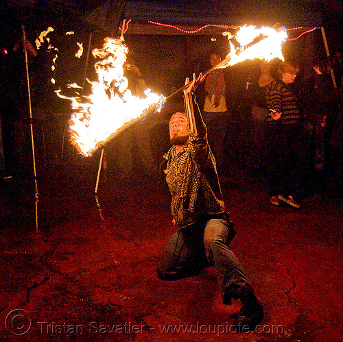 shanti (alex) spinning fire staff - jelly's (san francisco), fire dancer, fire dancing, fire performer, fire spinning, fire staff, night, shanti alex, spinning fire