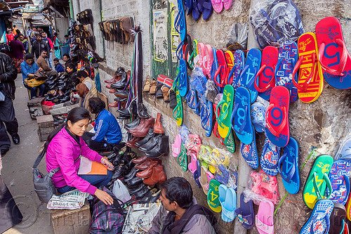 shoe sellers stalls in street market - darjeeling (india), darjeeling, shoes, stalls, street seller, vendors