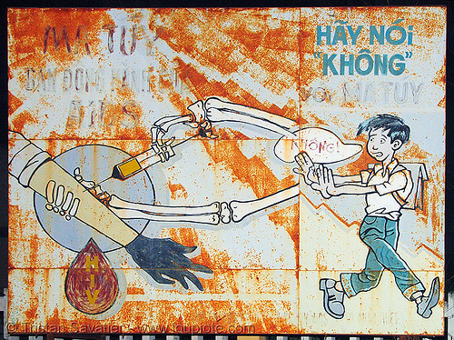 sign - say no to drugs! - vietnam, aids, blood, death, injection, intravenous, school boy, sign, syringe.