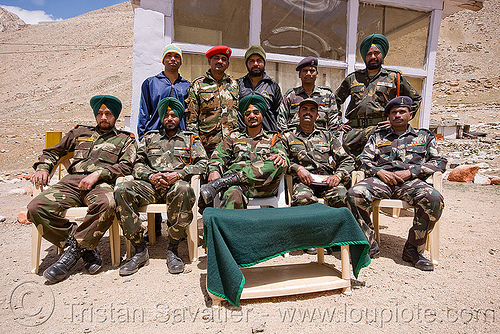 sikh soldiers at army check-point - road to chang-la pass - ladakh (india), army fatigue, army uniform, chang pass, chang-la pass, fatigues, headdress, headwear, indian army, ladakh, men, military, sikhism, sikhs, sitting, soldiers, turban