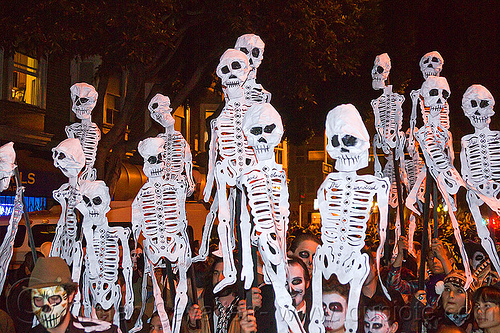 skeleton paper puppets, crowd, dancing skeletons, day of the dead, dia de los muertos, halloween, night, paper skeleton puppets, paper skeletons