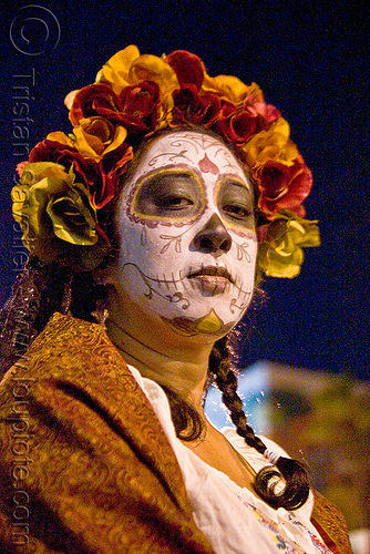 skull face paint - dia de los muertos - halloween (san francisco), day of the dead, dia de los muertos, face painting, facepaint, flowers, halloween, headdress, night, sugar skull makeup, woman